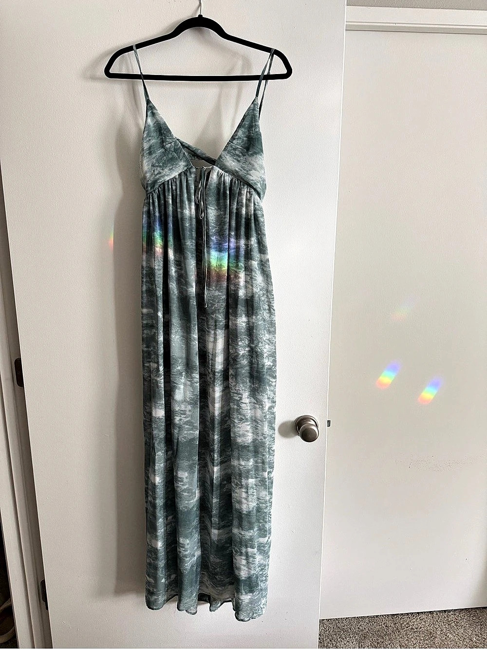 HYFVE Dusty Teal Blue Deep V Tie Back Sleeveless Maxi Dress Tie-Back Maxi Dress